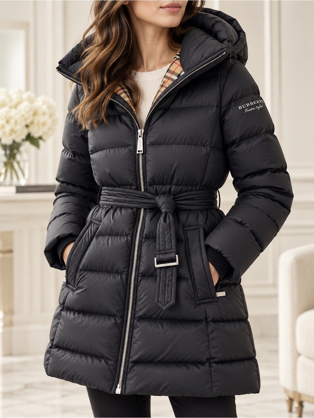 Burberry Belted Hooded Down Puffer Coat Black 8003539